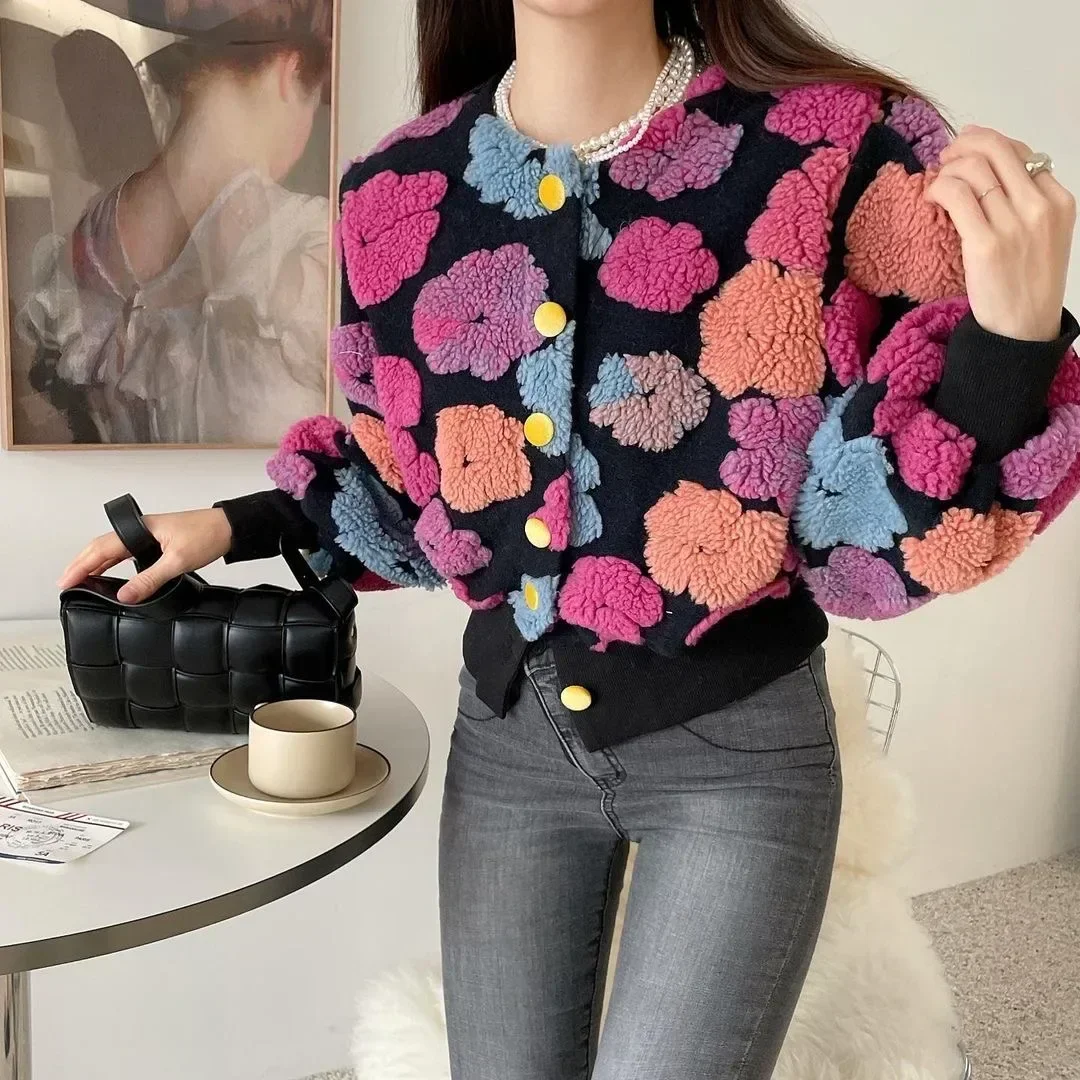 Neploe Niche Vintage Round Neck Contrast Flower Design Jackets 2024 Autumn Winter Single Breasted Long Sleeve Lamb Wool Coat