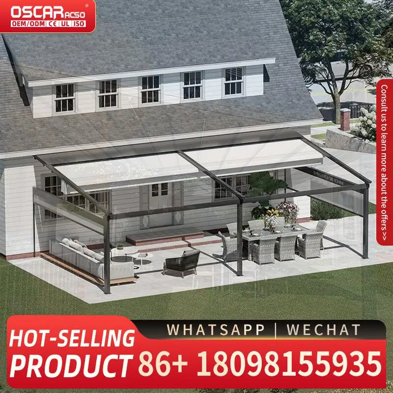 กันสาดมอเตอร์ไฟฟ้าแบบยืดหดได้ กันน้ำ สำหรับกลางแจ้ง พร้อมไฟ LED สำหรับสวน ระเบียง ลานบ้าน