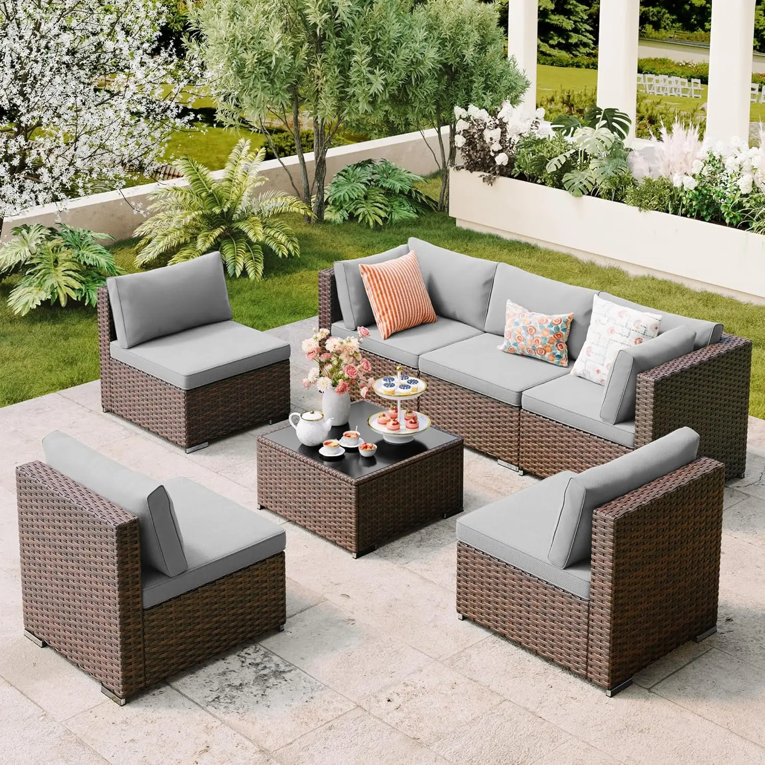 

7 Piece PE Rattan Sectional Sofa Set Cushions Glass Coffee Table Outdoor Patio Balcony Porch Garden, Customized