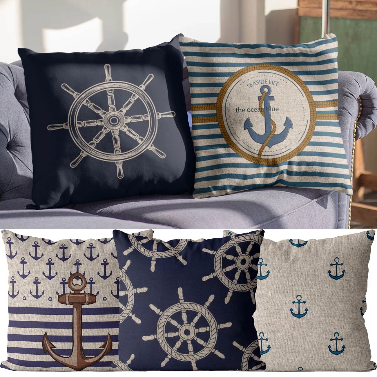 Navy Blue Linen Pillow Covers, Marine Decor, Navigation, Compass, Anchor Pillowcase, Striped, Living Room, 40x40, 45X45