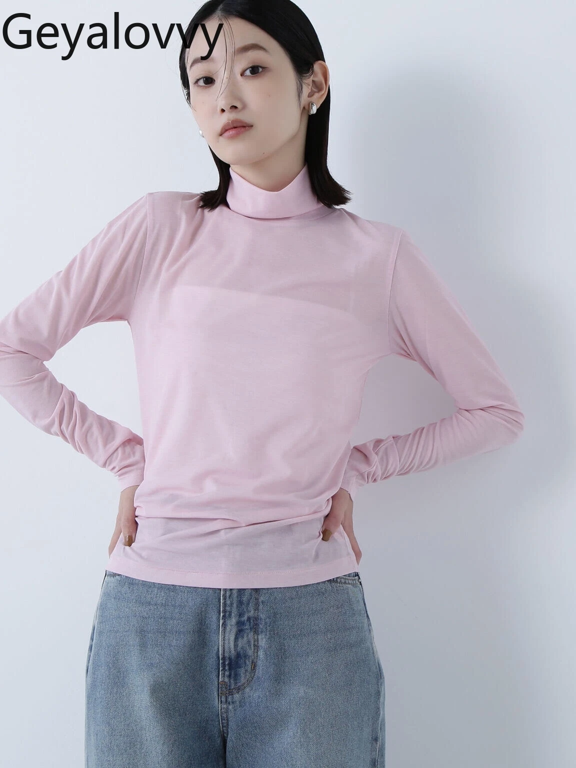 

Japanese Style Versatile Solid Color High Neck Round Neck Stretch Base Shirt Spring Autumn New Sweet Girls Long Sleeve T-Shirt
