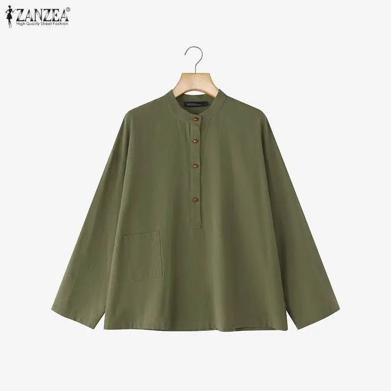 ZANZEA レディース ヴィンテージ コットン リネン ブラウス 春 長袖 マンダリンカラー ハーフボタン ソリッドカラー トップス 日常 カジュアルウェア