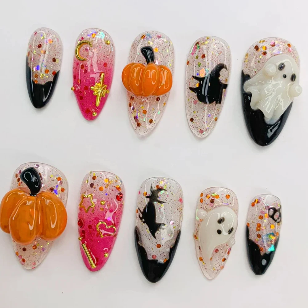 Handmade Press On Nails Halloween Carnival 3D Pumpkin and Cute Ghost Medium Almond Fake Nails Design Art DIY Nails with Set