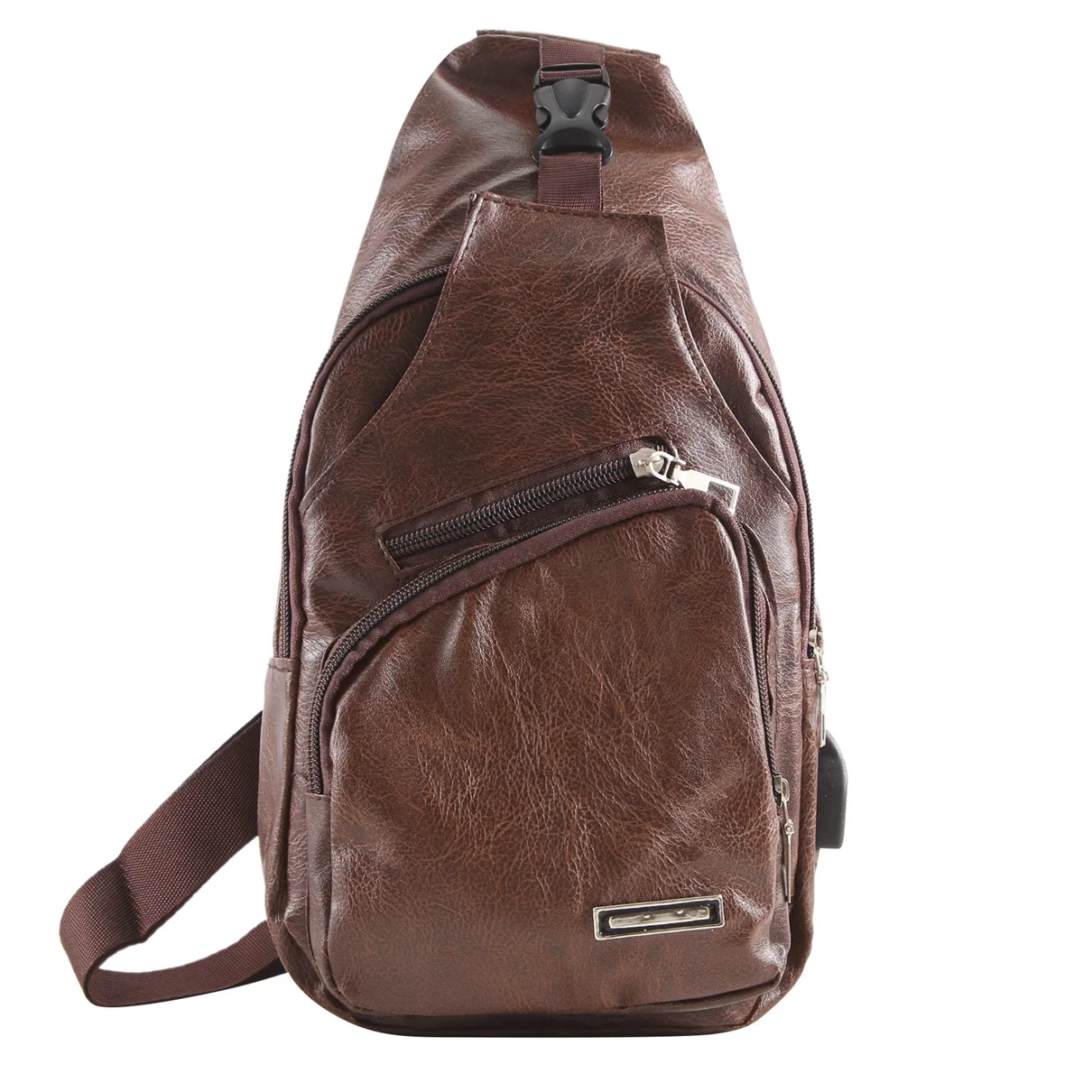 Men's Chest Bag with Charge Port USB Bag Retro Crossbody Pu Leather Vintage Business Bag Pouch for Sport Dark Brown