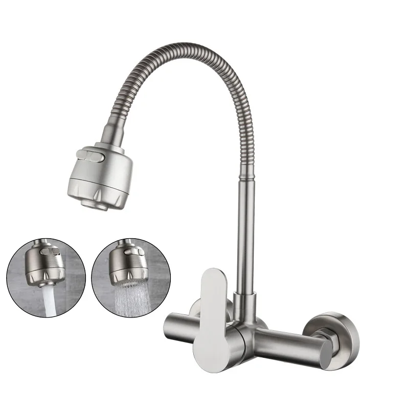 

Wall Mounted Kitchen Sink Faucet Freely-Rotating Hose Multi-Mode Spout Cold and Hot Mixer Water Saving Washbasin Gourmet Faucet