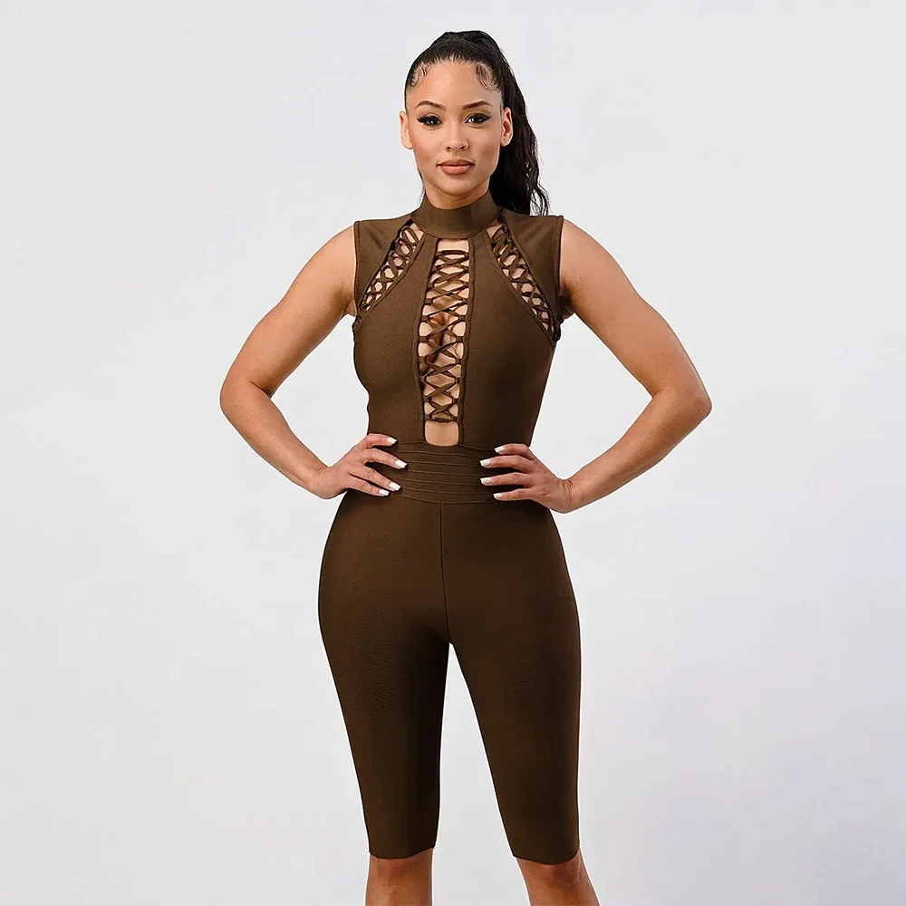 

Women's Sexy Sleeveless Jumpsuit Halter Neck Side Cutouts Lace-Up Chest Bodycon Mesh Jumpsuit Party Beach Club Night Outfits