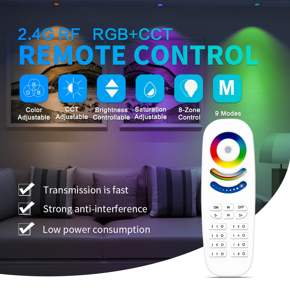 

2.4G RF-пульт дистанционного управления RGB с регулировкой цветовой температуры, яркости и насыщенности, 8-зоновое групповое управление, 9 режимов освещения, дальность управления 30 м, GL-RC-009