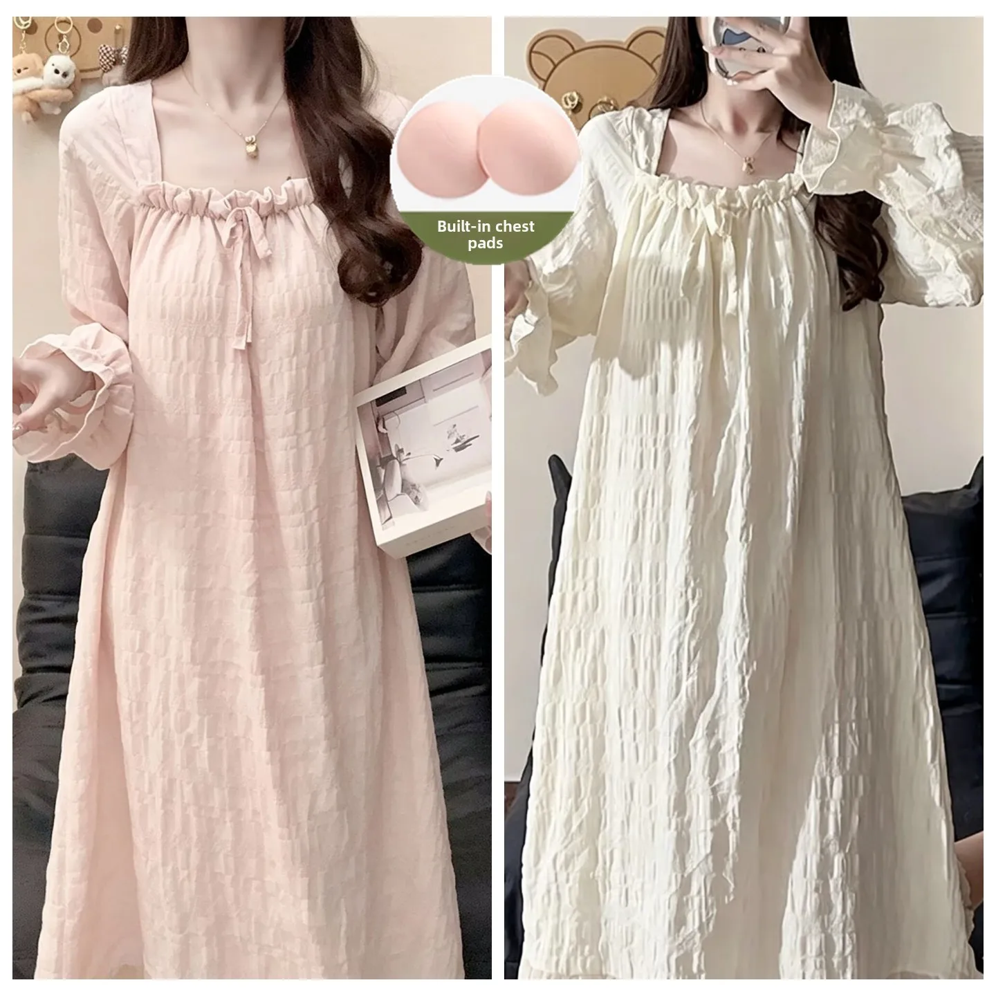 Princess Style Long Sleeve Cloud Cotton Sleepwear Women's Dress with Chest Pad Spring Autumn Winter Comfortable Home Clothes
