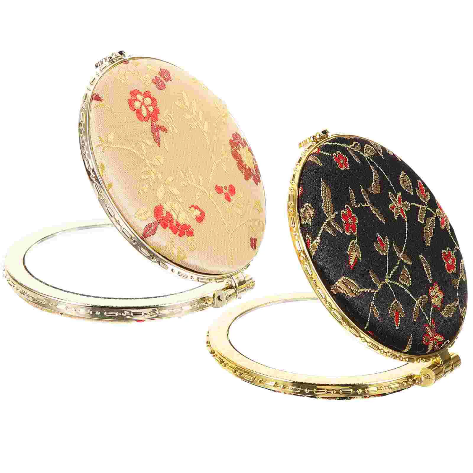 2 Pcs Creative Splendid Silk Folding Makeup Mirror Portable Brocade Mirrors Mini Handheld Travel Vanity for Purse Small Compact