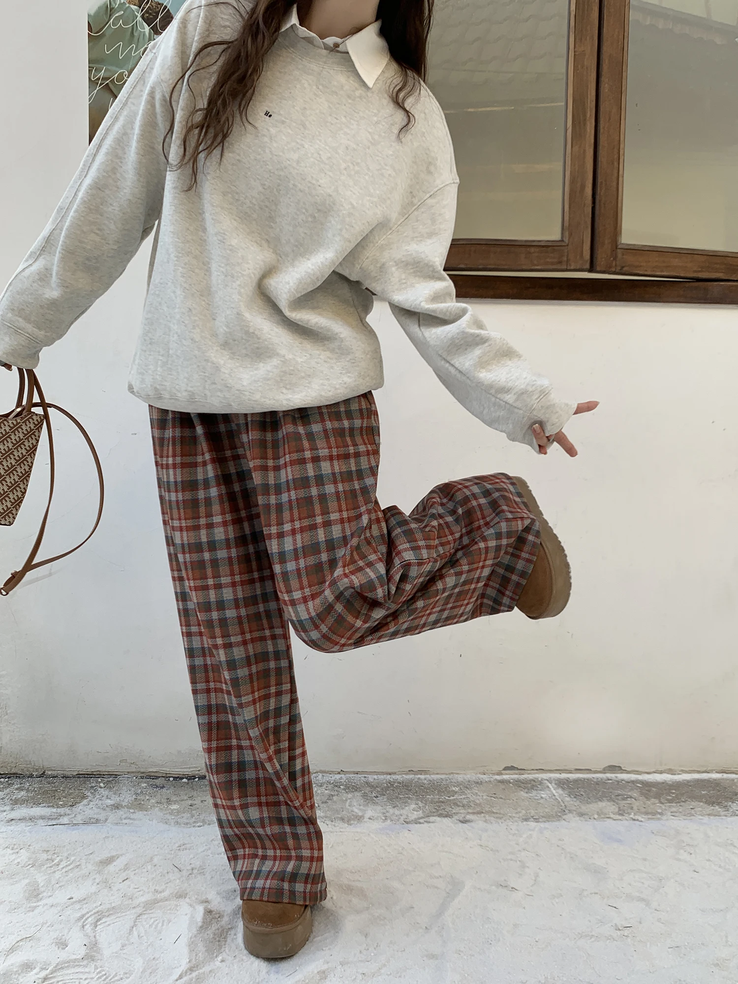 

plus Size Plaid Fce Lined Loose Wide Leg Pants Women's High Waist Trousers Commute Sle Korean Faion Long Pants