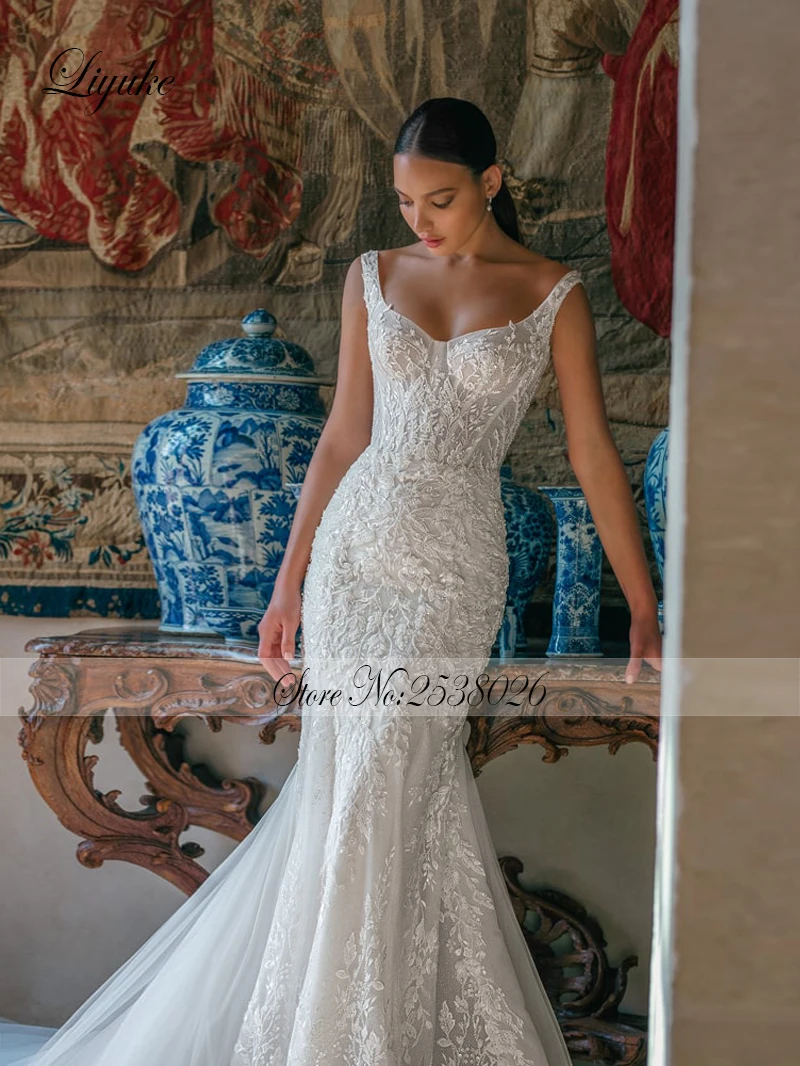 Liyuke Beading Symmetrical Lace Spaghetti Straps Mermaid Wedding Dress With Removable Silky Tulle Train Appliques  Bridal Gowns