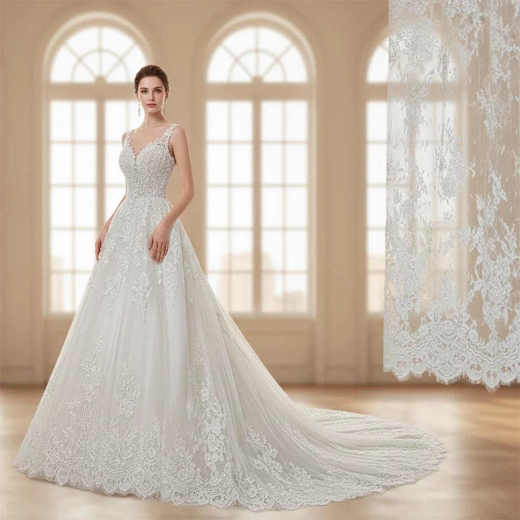 

3Meters Length X130cm Width 2025 Pearls and Sequins Cord Lace Fabric Beads French Lace Fabrics for Wedding Dress Bridal Gowns