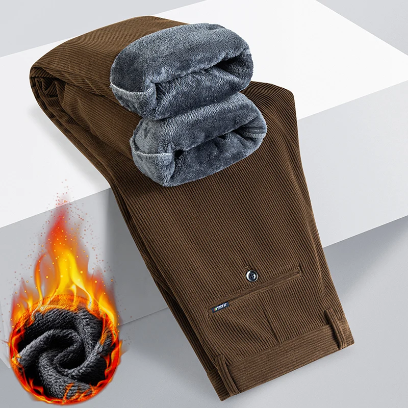 

Новые зимние вельветовые толстые брюки, мужские флисовые модные деловые прямые брюки, брендовые удобные бархатные теплые плюшевые свободные брюки