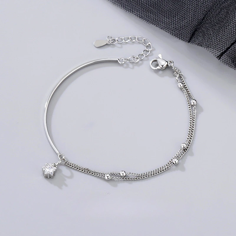 Pulseras de plata de ley 925 con estrellas de circonita para mujer, cadena de cuentas de doble capa, joyería coreana para fiesta, regalos