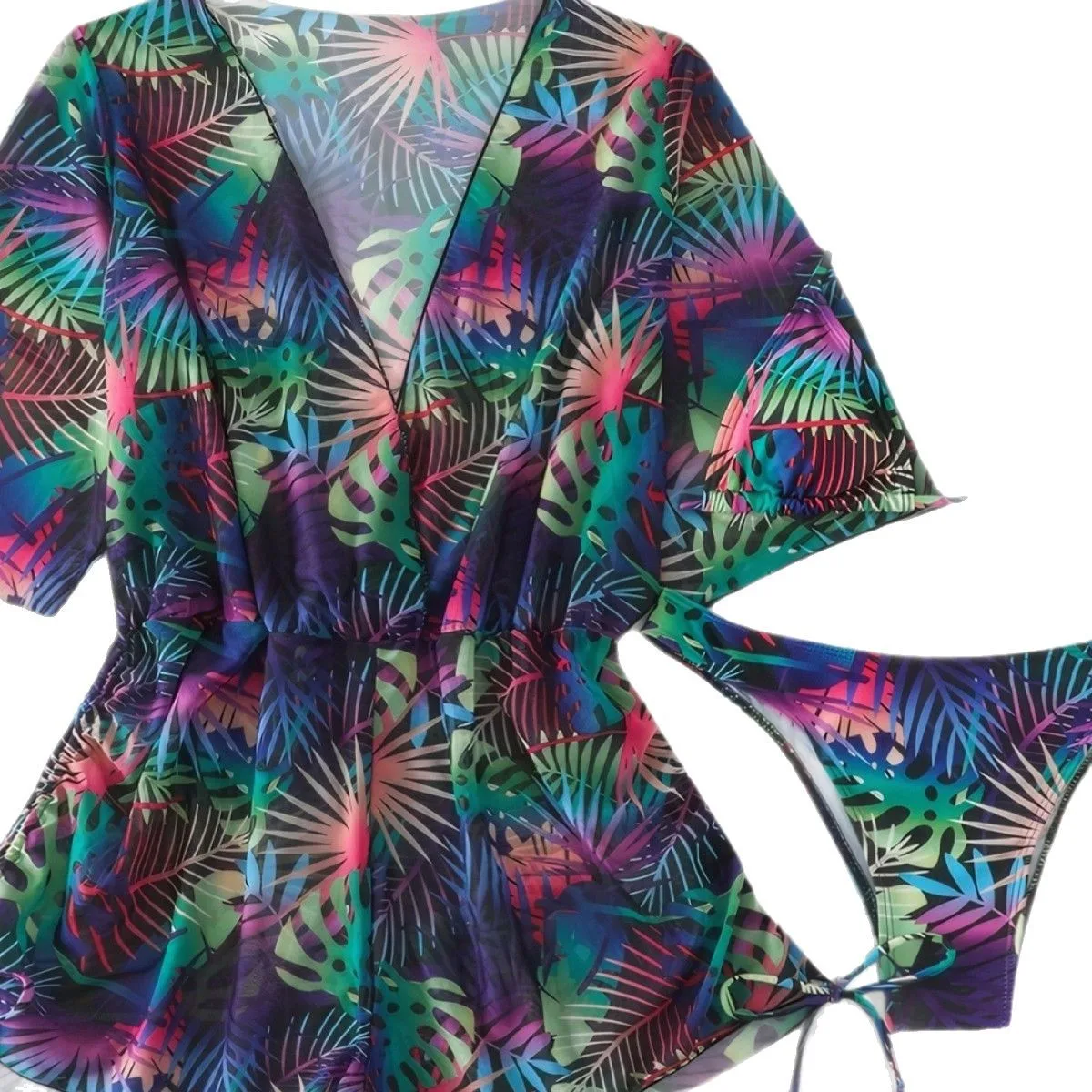 New 2025 Print 3 Pieces Set Swimsuit Women Thong Swimwear Sexy Matching Bikini Set Short Sleeve Cover Up Beachwear Bathing Suit