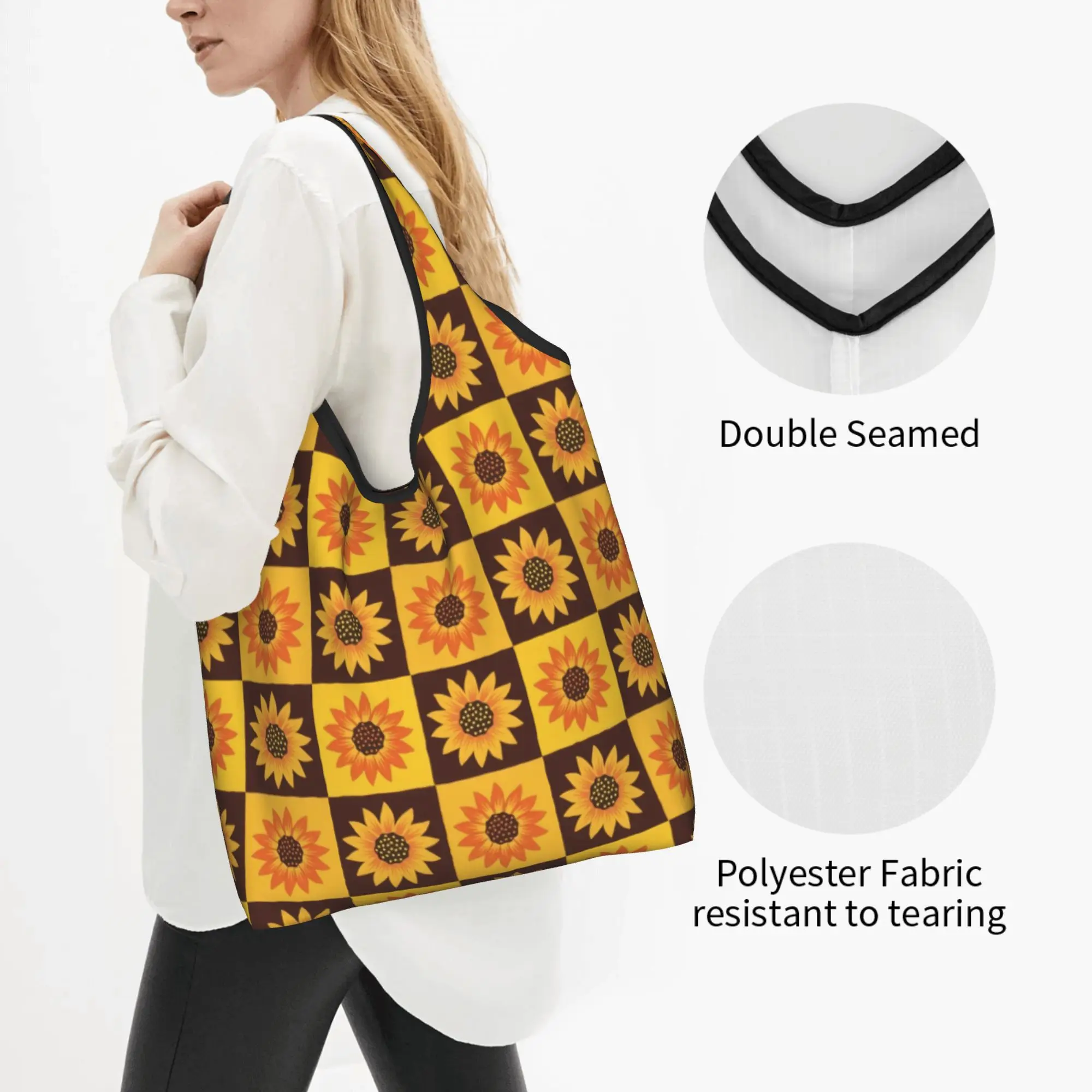 Reusable Daisy Checkered Sunflowers  Shopping Bag Women Tote Bag Portable Yellow and Brown  Groceries Shopper Bags
