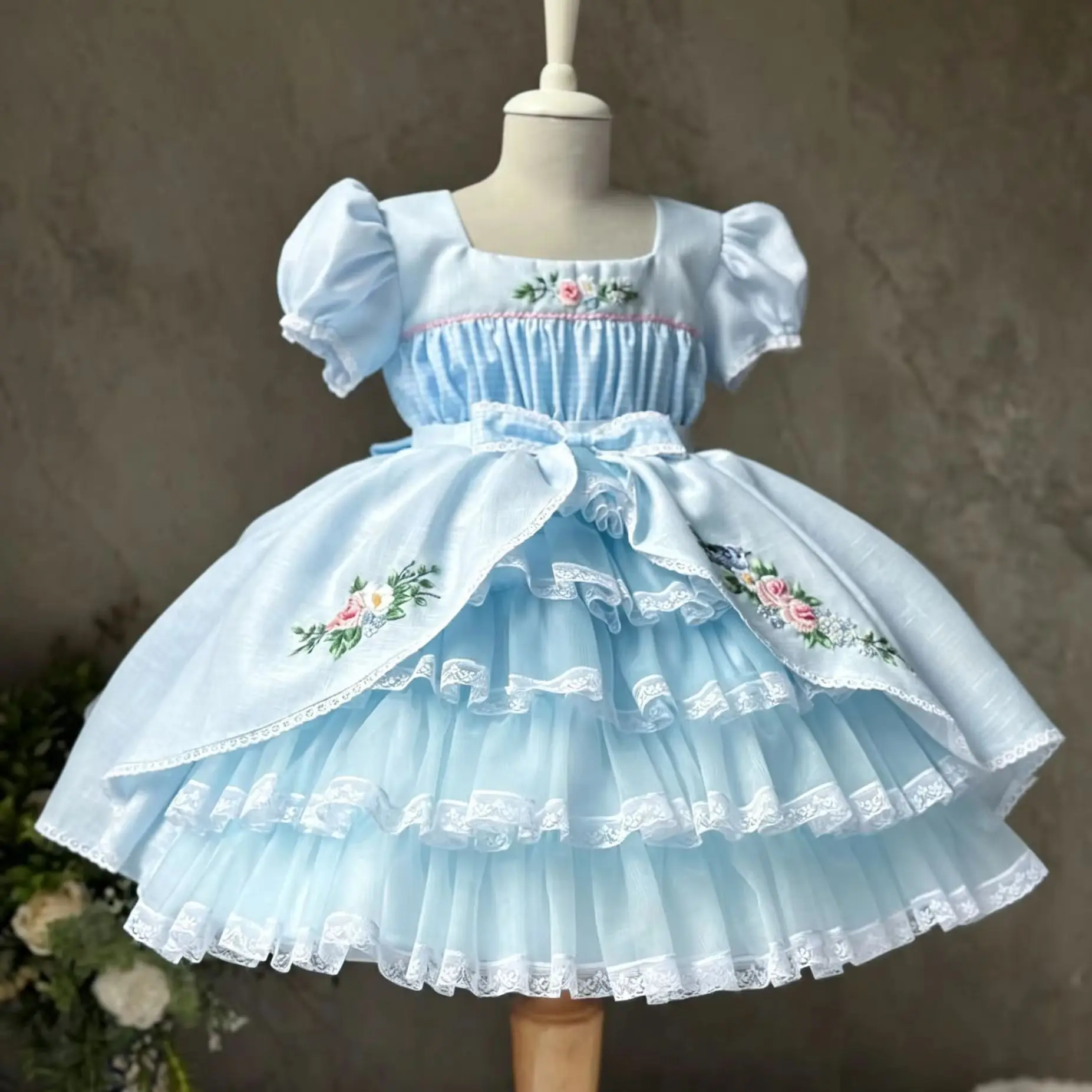 Baby Girl Blue Lolita Princess Dress Floral Bird Handmade Embroidery for Birthday Party Wedding Photography B682