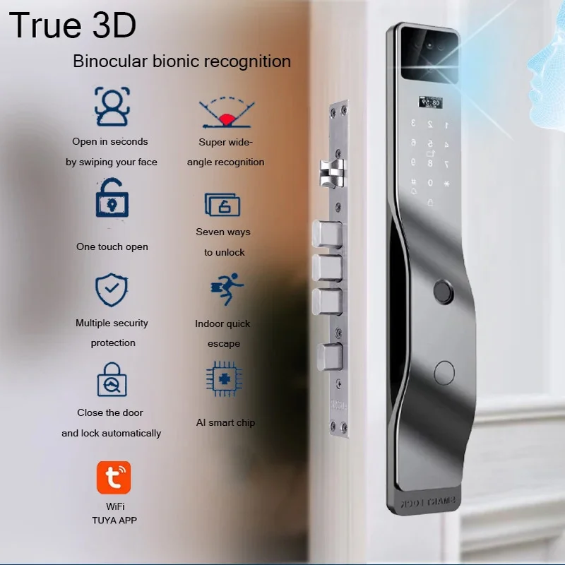 Kunci Pintu Pintar Baru 3D Pengenalan Wajah Kunci Pintu Rumah Pintar WiFi NFC Kunci Elektronik Digital Kamera Wifi Kartu Rfid Bekerja dengan