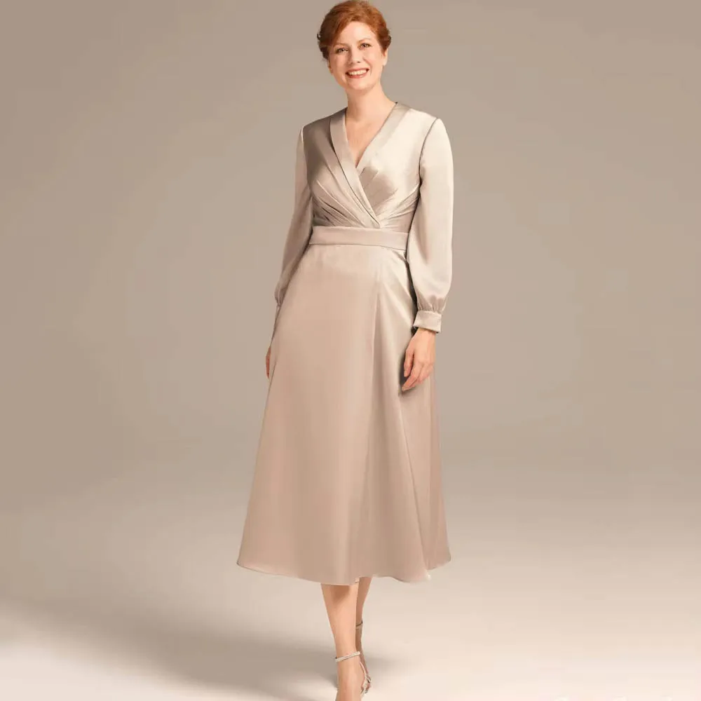 

Customized Simple V Neck Mother Dresses Elegant Long Sleeve Mid-calf Length A Line Formal Wedding Party Dresses
