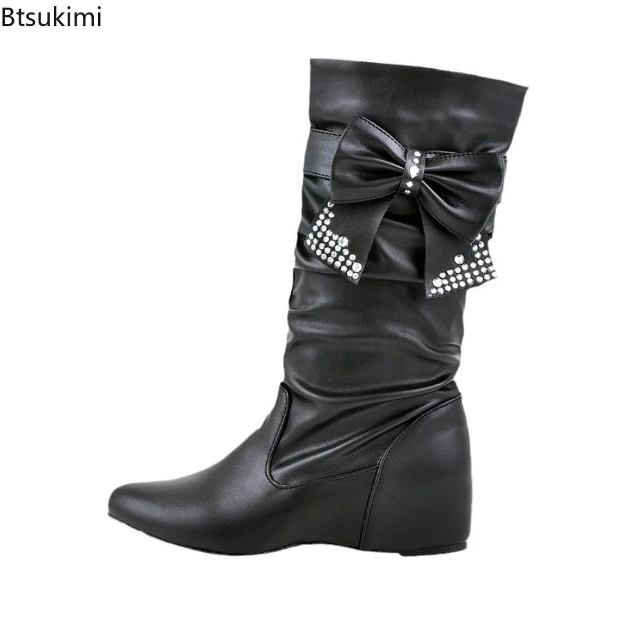

New Women's Butterfly-knot PU Fabric Boots Luxury Round Toe Wedge Shoes Rain Shoes Fashion Wedges Mid Calf Ladies Mid-Calf Boot