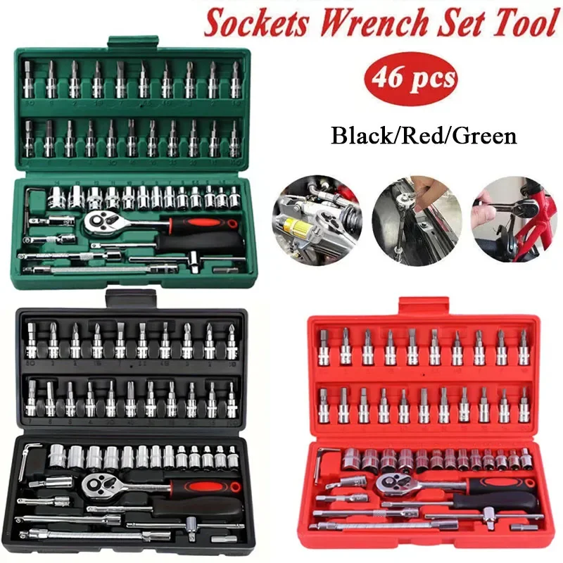 

46pcs/Set Car Repair Tool Ratchet Wrench Chromium Vanadium Steel Auto Parts Toolbox Kit 1/4 Inch Drive Socket Car Emergency Tool