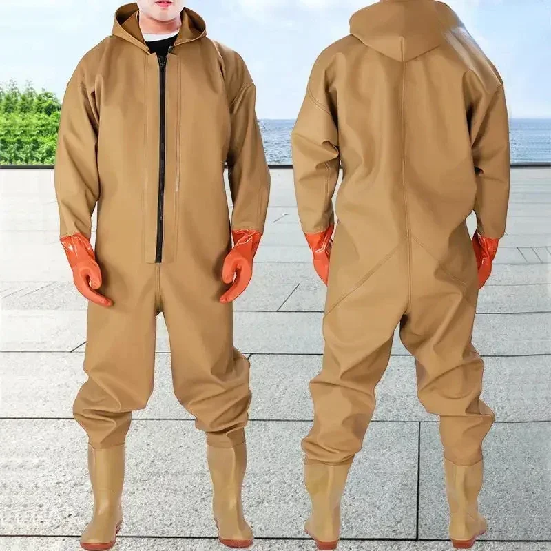 Waterproof Overalls Long Sleeve Wader Trousers Fishing Hooded Waders Pants With Boots Gloves Adult Set Fishery Apparel Gear Suit