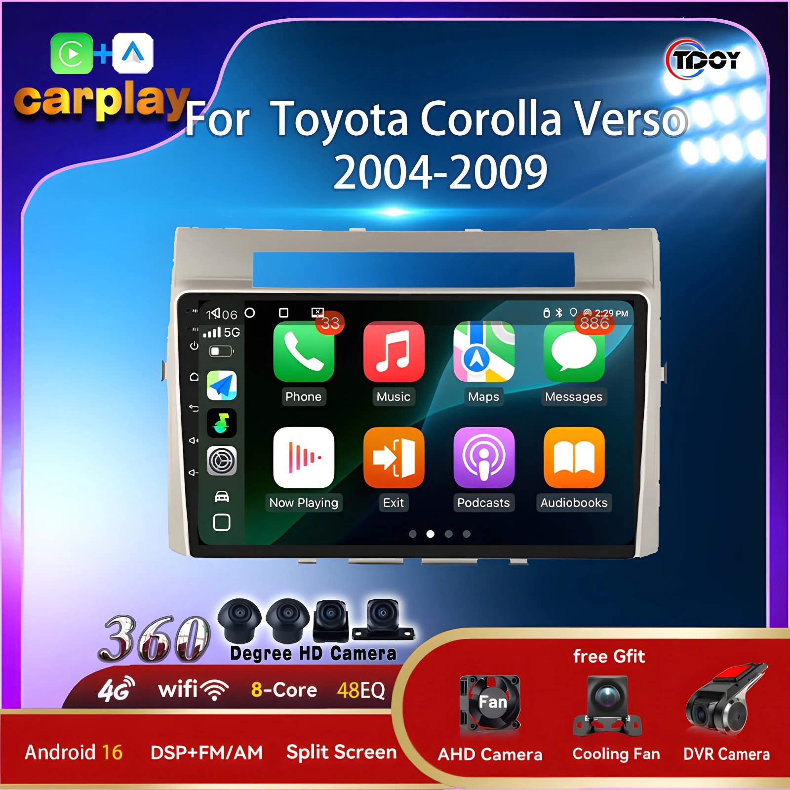 

Autoradio For Toyota Corolla Verso 2004-2009 Carplay Android Auto Multimedia Player Android 14 Car Radio Video Mp5 Player 8Core