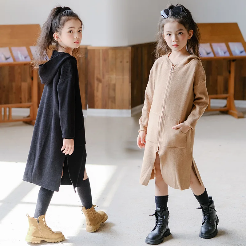 2024 Autumn Winter Junior Girl Long Sweater Dress Children Girl Zipper Hooded Knitted Cardigan School Girl Leisure Sports Dress