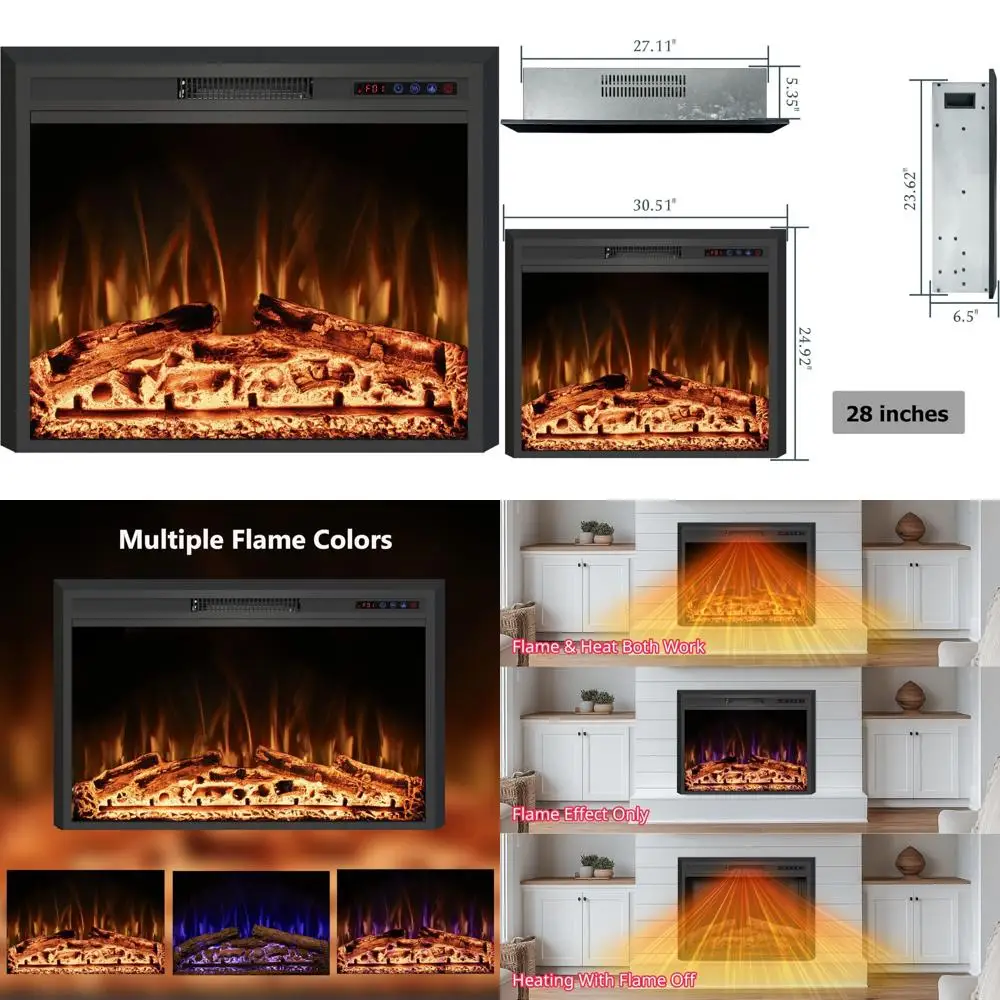 

30 Electric Fireplace Insert with Adjustable Flame Colors, Touch Screen and Remote Control, Recessed Mount Option