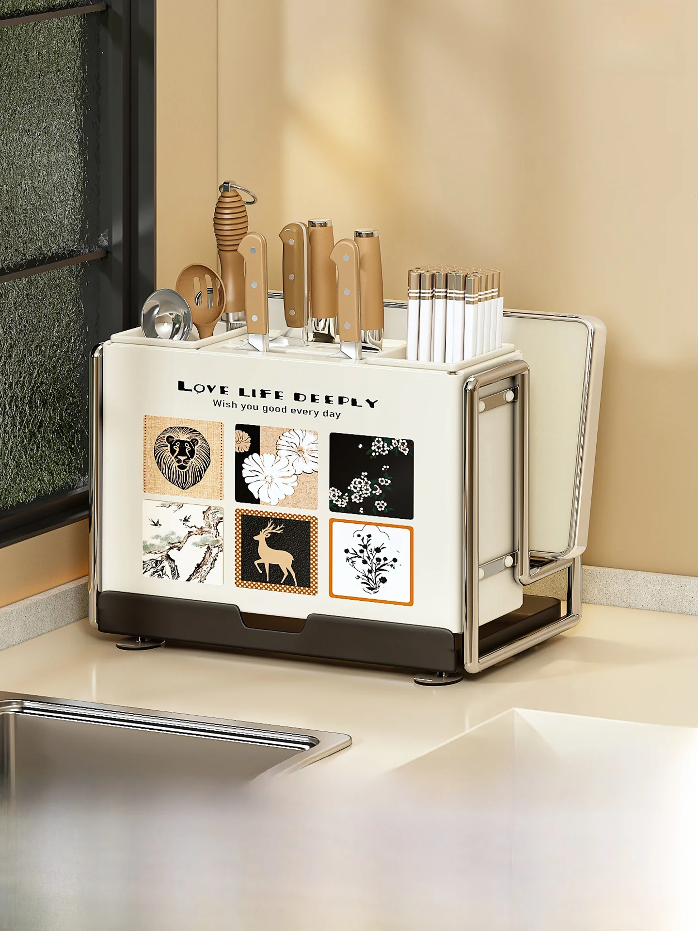

Kitchen Countertop Inteated Cutting Board Holder Knife Ra Chopstis Cage Storage elf High Aesthetic Value New 2025