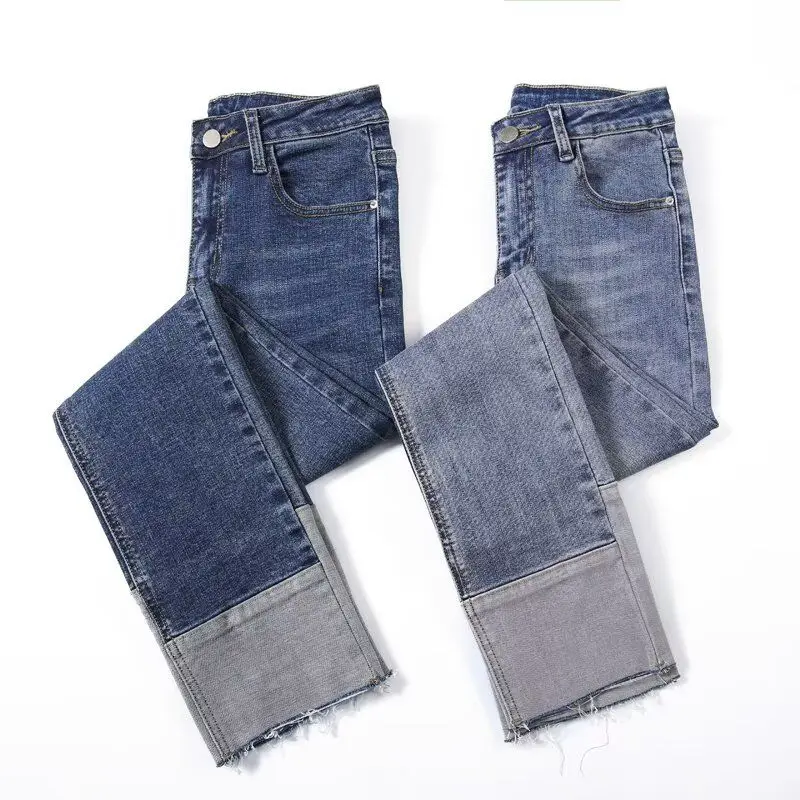 

Deep Blue High Waist Slim Straight Denim Jeans Women's Spring Autumn Meat Concealing Wide Leg Pants Casual Cotton Polyester