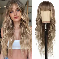 Syntetyczne luźne peruka Body Wave z grzywką dla kobiet color peruka z długimi kręconymi włosami naturalny wygląd peruki Cosplay na codzienną imprezę