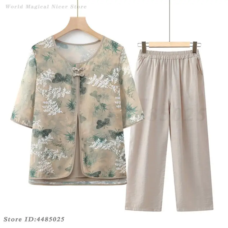 Frauen Frühling Sommer Casual Outfit Kurzarm Blusen Set Hosen Dame Oansatz Chiffon Shirts Tang-anzug Mama Traditionelle Outfit