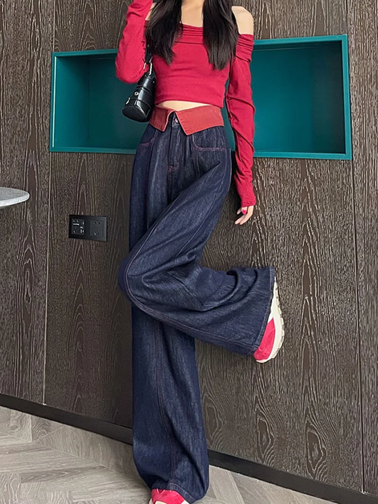 Pantalones vaqueros de pierna ancha de cintura alta para mujer, Vaqueros holgados de estilo americano para primavera y otoño, Pantalones rectos adelgazantes hasta el suelo de talla pequeña