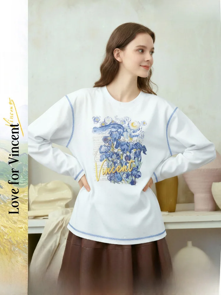 

Художественная женская футболка свободного кроя с длинным рукавом и принтом «Подсолнухи» Ван Гога, весна 2026, повседневная хлопковая футболка