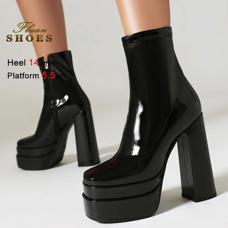 

Fashion Autumn Winter Black Women's Knight Boots Thick Heels 14cm Platform 5.5cm Square Toe Side Zipper Ladies Ankle Boots CD