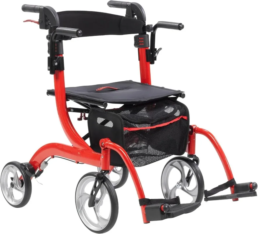 

Function Transport Wheelchair and Rollator Rolling Walker Combo with Hand Activated Brakes and Back Sup