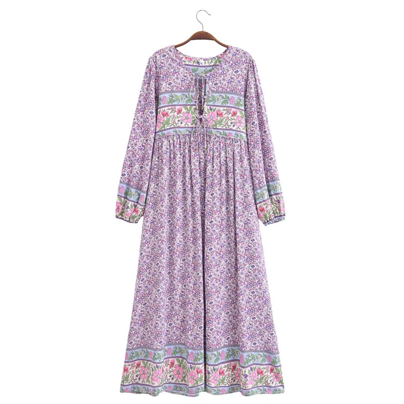 2024 BOHO Lavender Small Flower Print Bow Lacing up Neck Long Straight Dress Women Viscose Cotton Full Sleeve Maxi Robe Holiday