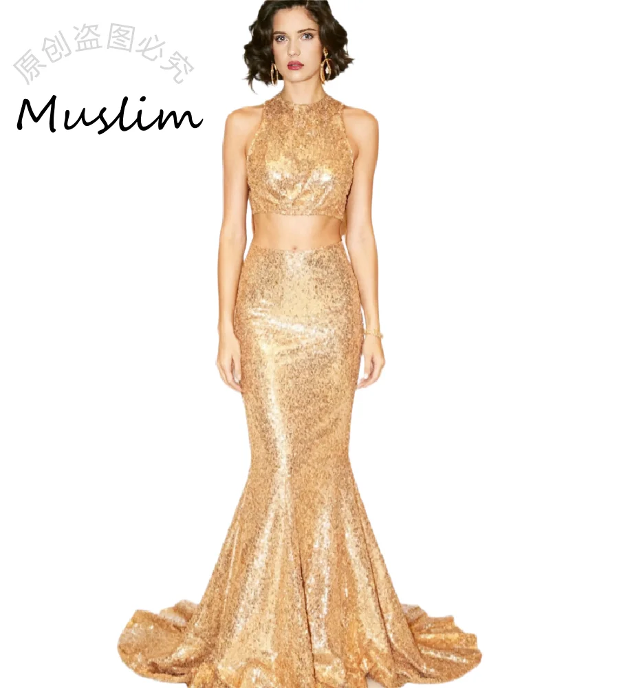 Charmante robe de soirée deux pièces dorée, paillettes scintillantes, style Boho, robe de bal élégante, col rond, sirène, pour occasions d'anniversaire, fête formelle, 2026