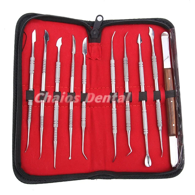 10Pcs/Set Versatile Dental Stainless Steel Carving knife Teeth Wax Carving Tool Set Dental Spatula Plaster Knife with PU Holder