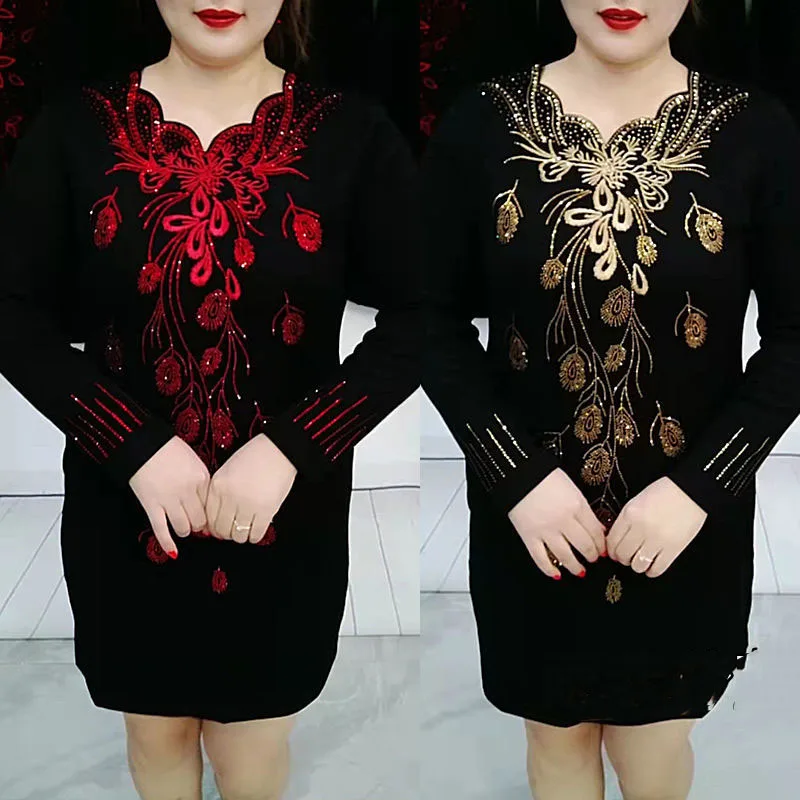 Advanced Sense Hot Diamond Dress Autumn Winter Add Velvet Thicken Middle Aged Female Bottomming Dress Mid-Long Mother Dress 6XL