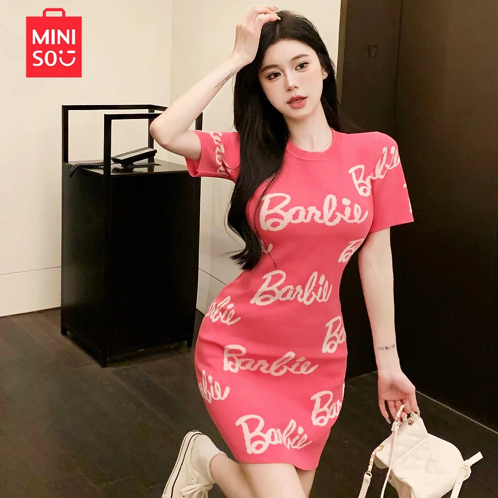 Miniso New Barbie Round Neck Letter Print Short Sleeve Mid Length Wrap Hip Dress Girls Birthday Christmas Halloween Gift