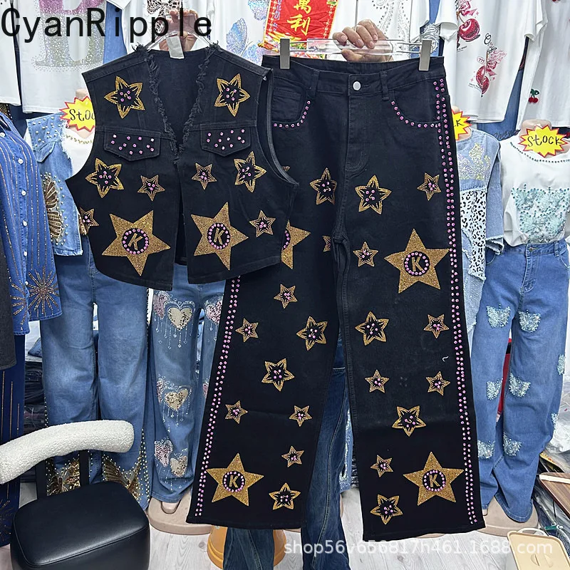 

Fashion Lady Black Denim Sets Letters Hot Diamonds V-neck Sleeveless Vests Coat + High Waist Wide Leg Straight Denim Pants Suits