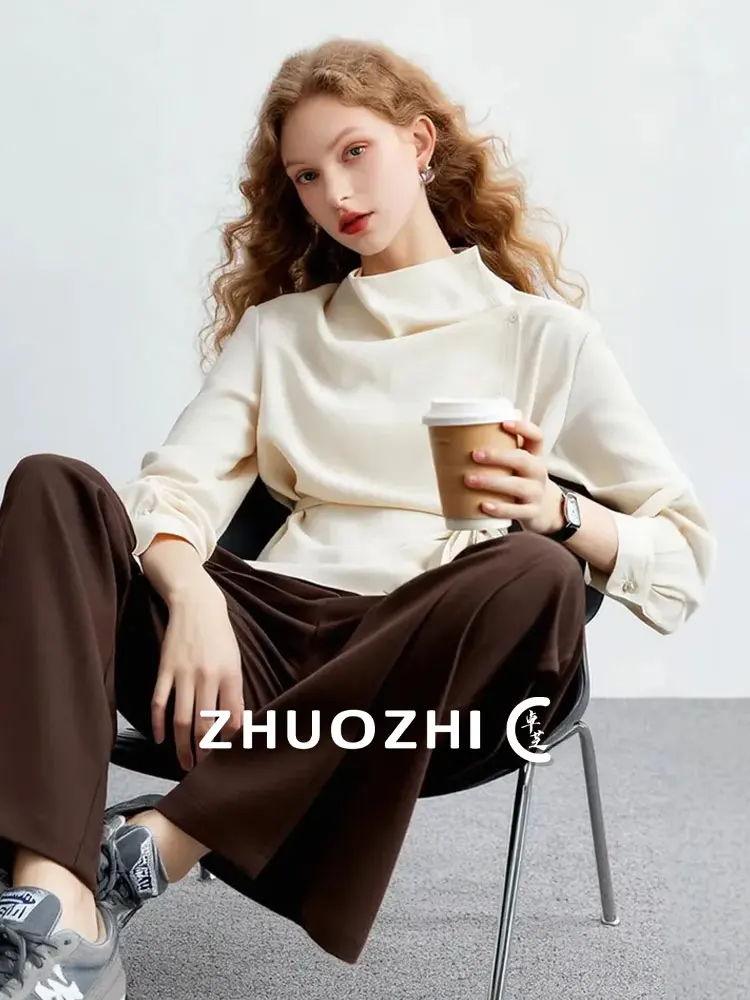 

ZhuoZhi Женский топ с высоким воротником и поясом на боковой пуговице, небольшой дизайн, длинный све, дышащийся