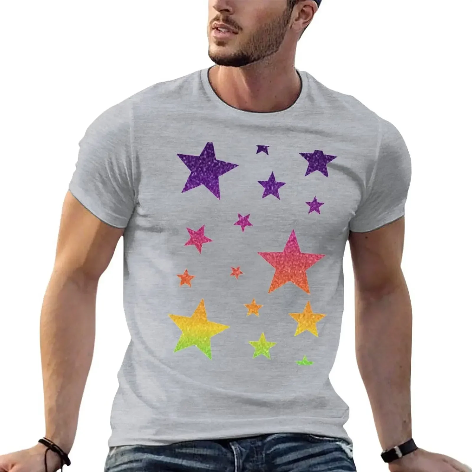 Bright Rainbow Ombre Faux Glitter Stars T-shirt summer Short Sleeve Cotton New Arrival Round Collar Outfits fashion streetwear