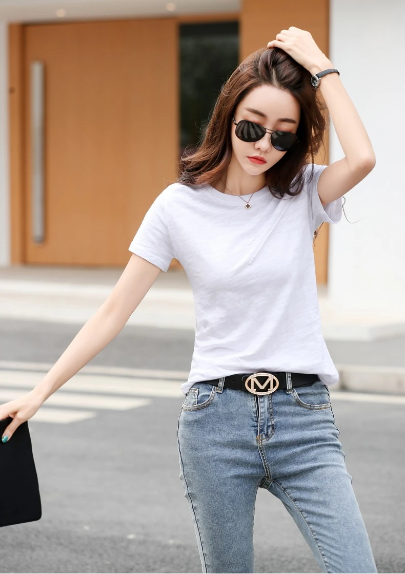 AOSSVIAO 2026 Summer Solid Color Women's T-Shirts Slub Cotton O-Neck Short Sleeve T-Shirt Loose Casual Simple Button Basic Top