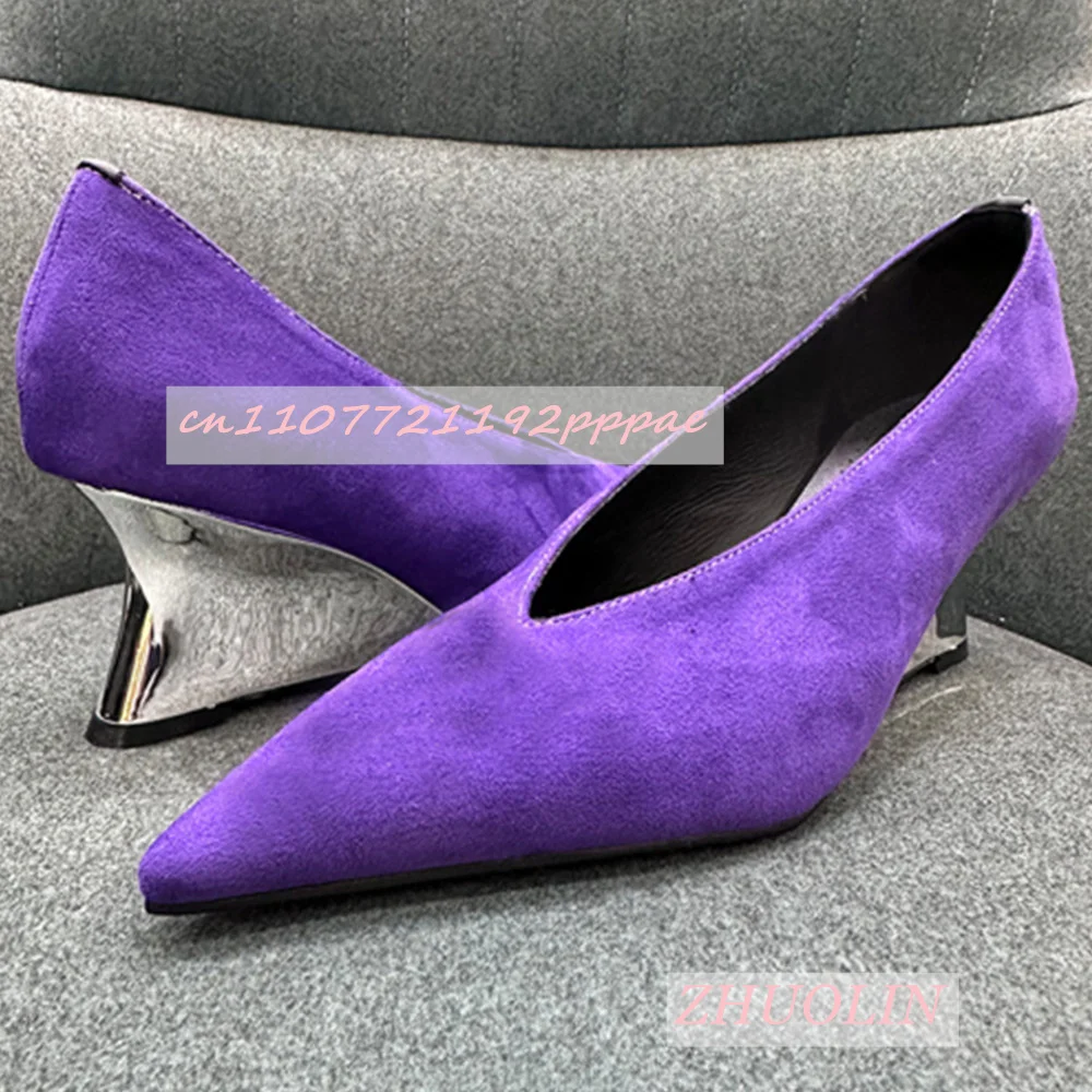 

Spring New Purple Suede Slope Heel Shoes Ladies Pointed V-Mouth Outward Wearing Pumps Fashionable Party Elegant Women'S Shoes