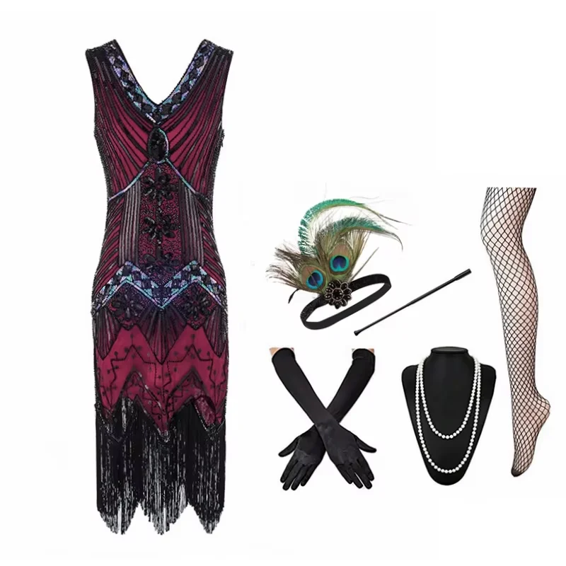 Novo 1920s gatsby charleston lantejoulas grânulo franja flapper bordado vestido robe com decote em v em camadas borla vestido de festa com acessórios