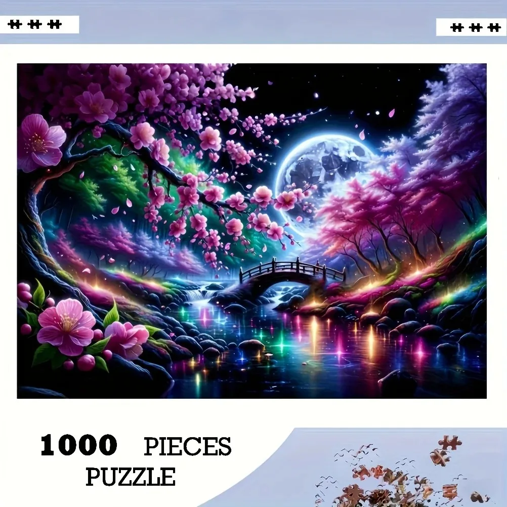 

1000pcs Night Cherry Blossom Puzzle - Japanese Garden Scene with Moonlit Sky, Blooming Sakura Trees & Traditional Bridge, Calm