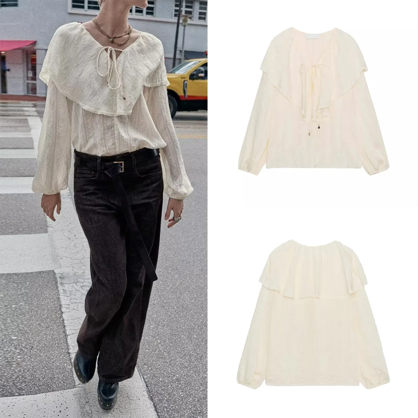 

Женская свободная блузка с длинным рукавом и кружевными вставками в европейском стиле, весна 2026, модная повседневная модель